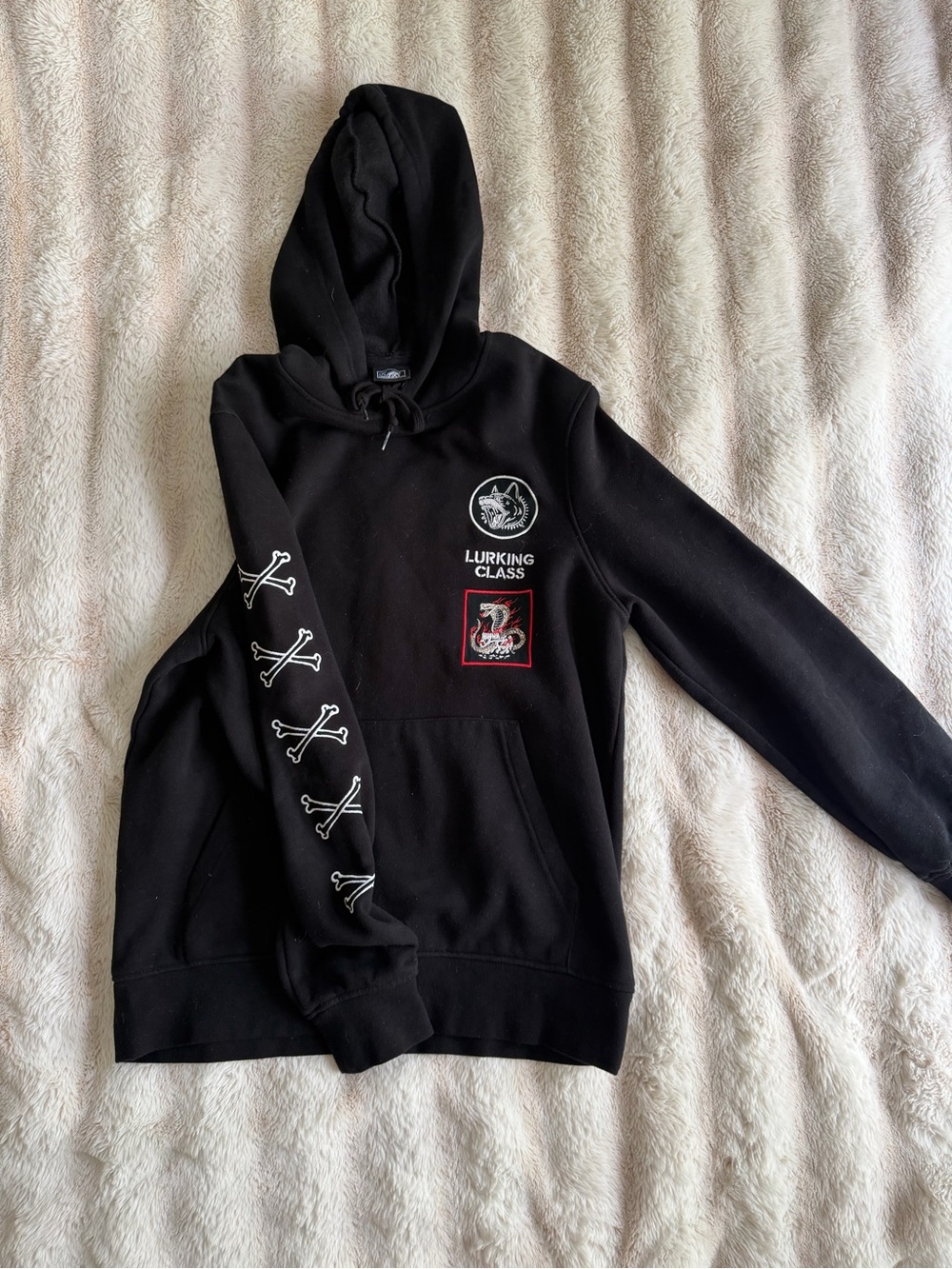 Lurking Class Black V-Neck Pullover Hoodie with Sleeve Graphics